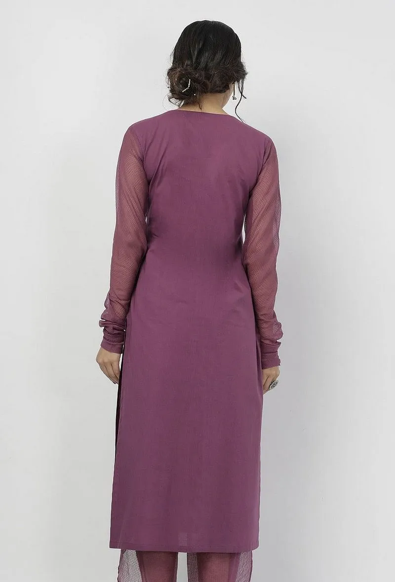 Iya Purple Round Neck Straight Fit Cotton and Kota Sleeves Plain Kurta
