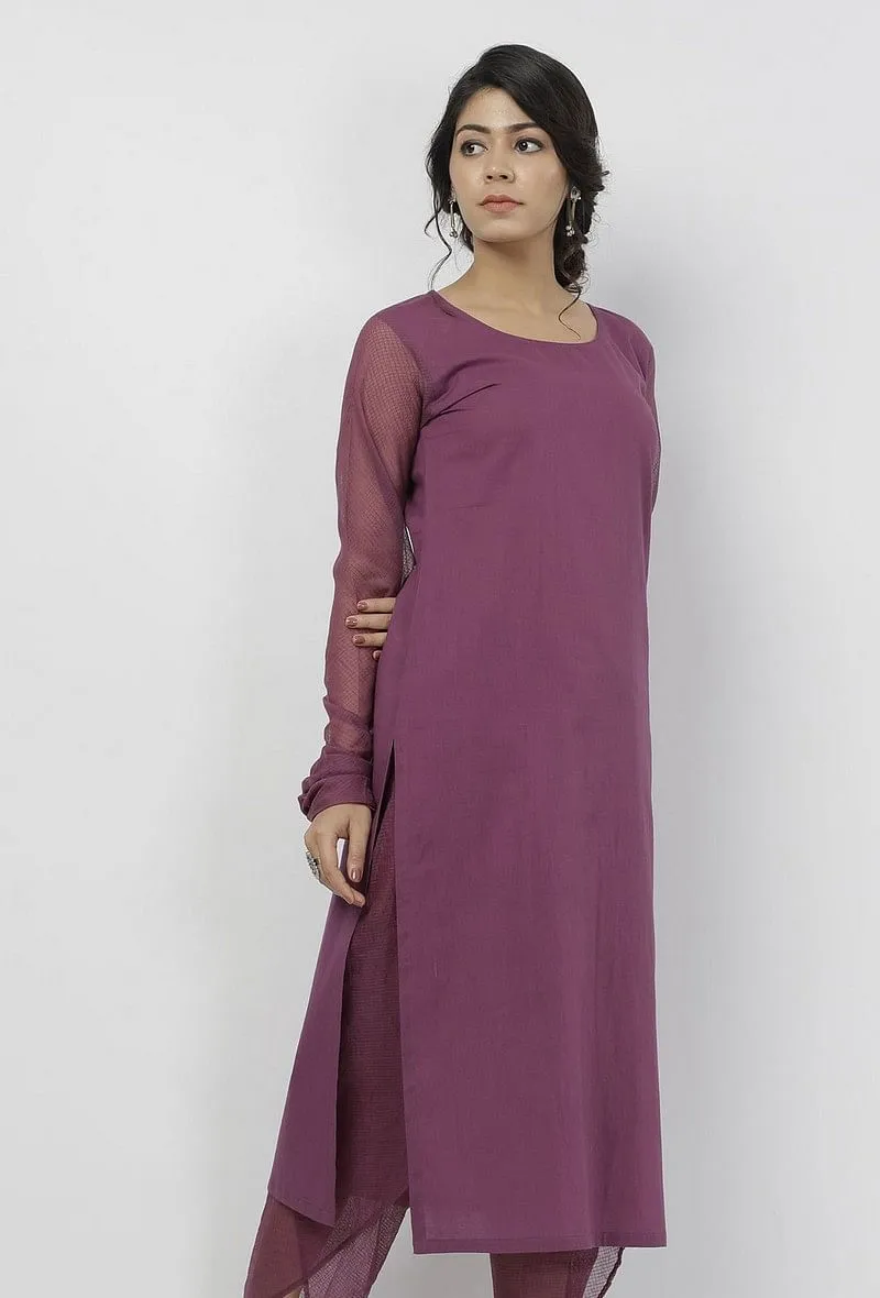 Iya Purple Round Neck Straight Fit Cotton and Kota Sleeves Plain Kurta