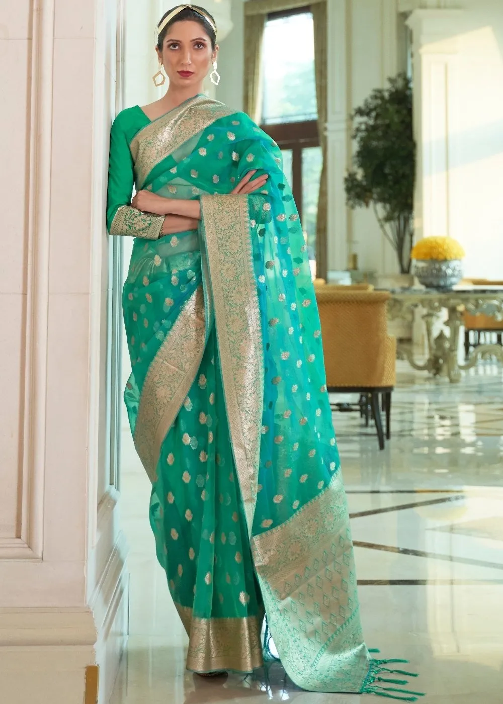 Jungle Green Zari Woven Organza Silk Saree