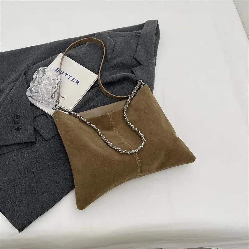 Large Shoulder Bags Nubuck Soft Leather Chain Strap Zipper Women Purses