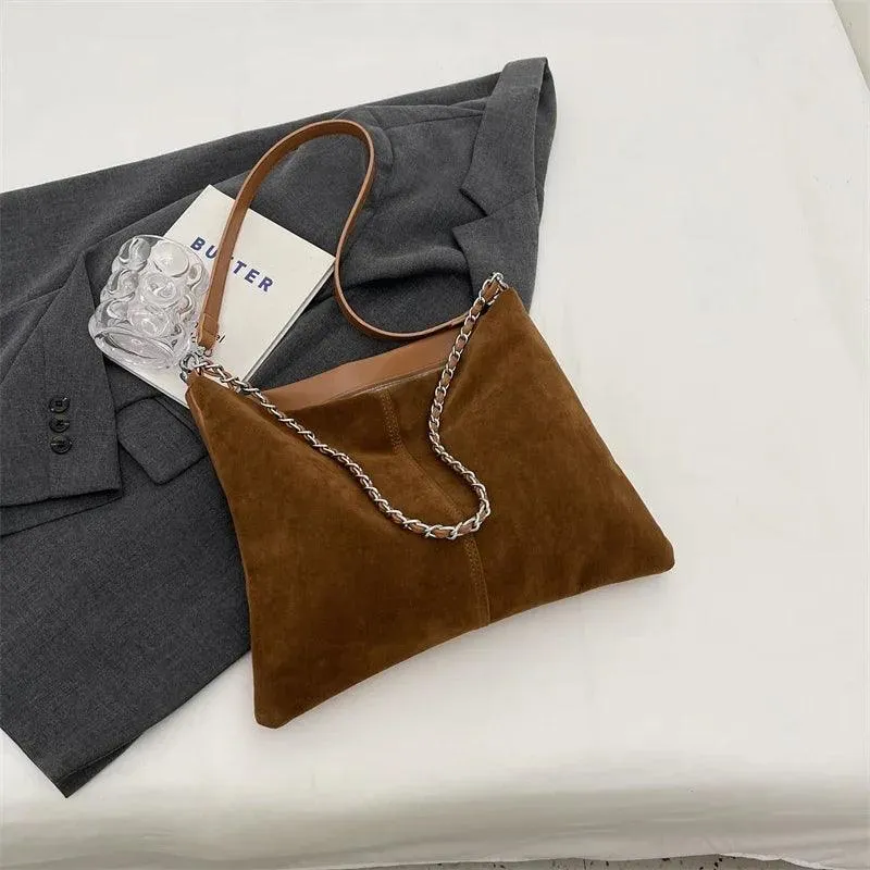 Large Shoulder Bags Nubuck Soft Leather Chain Strap Zipper Women Purses
