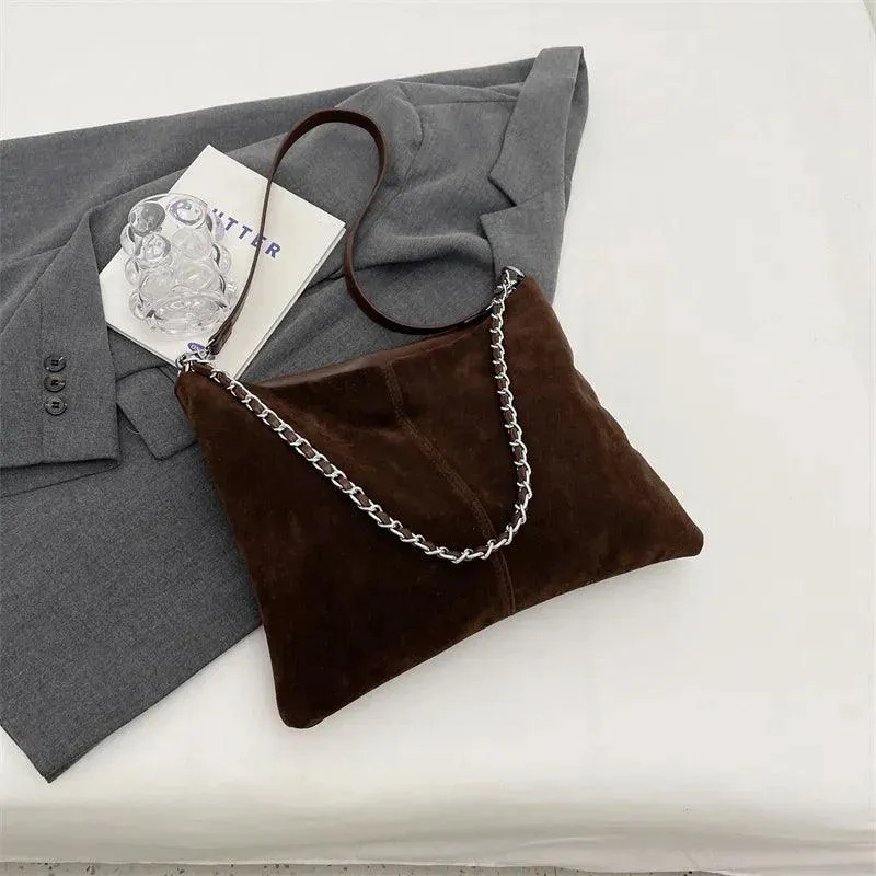 Large Shoulder Bags Nubuck Soft Leather Chain Strap Zipper Women Purses