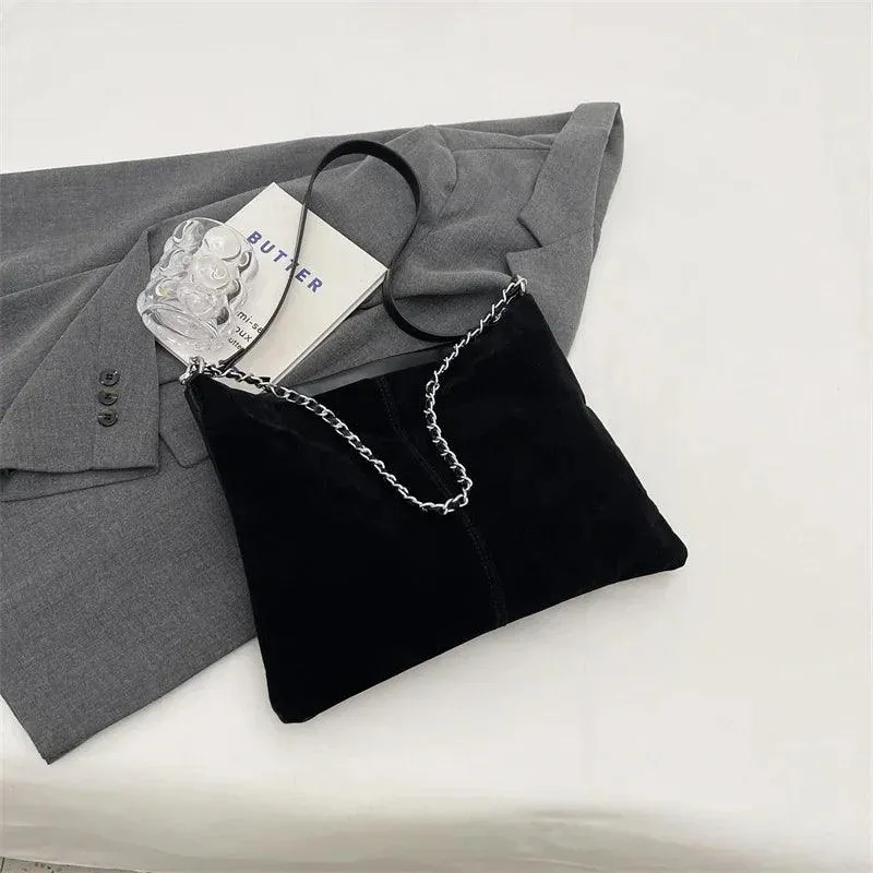 Large Shoulder Bags Nubuck Soft Leather Chain Strap Zipper Women Purses