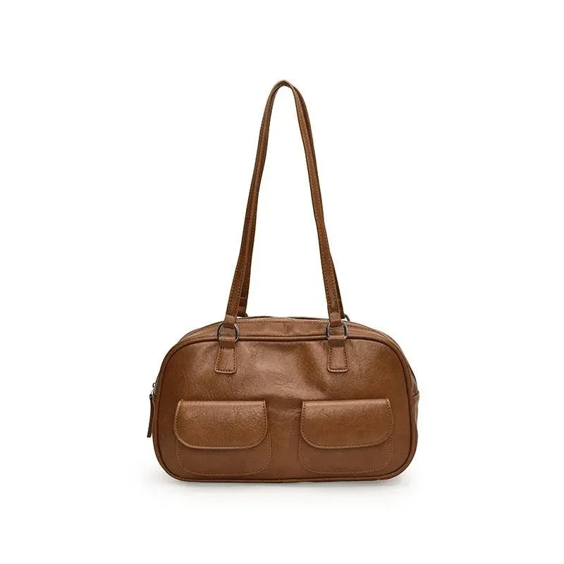 Large Shoulder Bags Zipper Women Leather Retro Flap Outer Pockets Soft Handbags