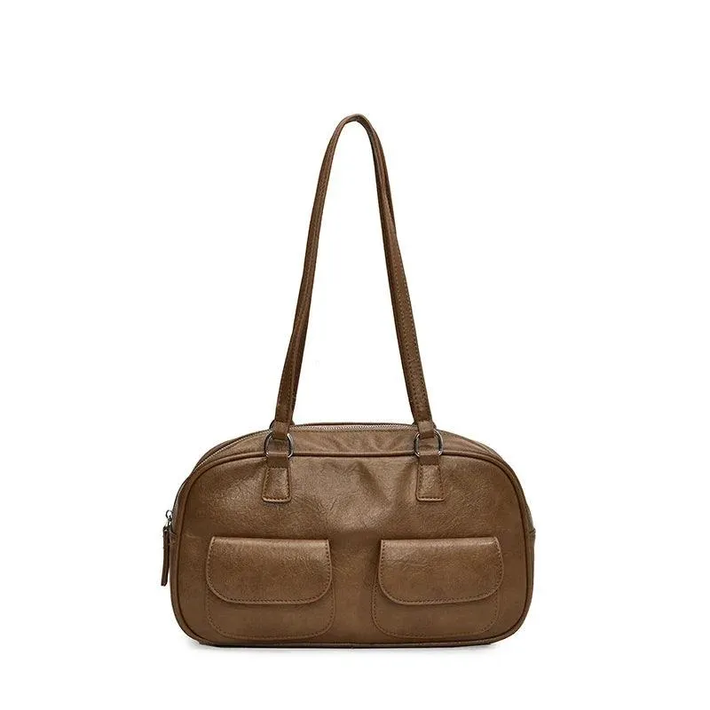 Large Shoulder Bags Zipper Women Leather Retro Flap Outer Pockets Soft Handbags
