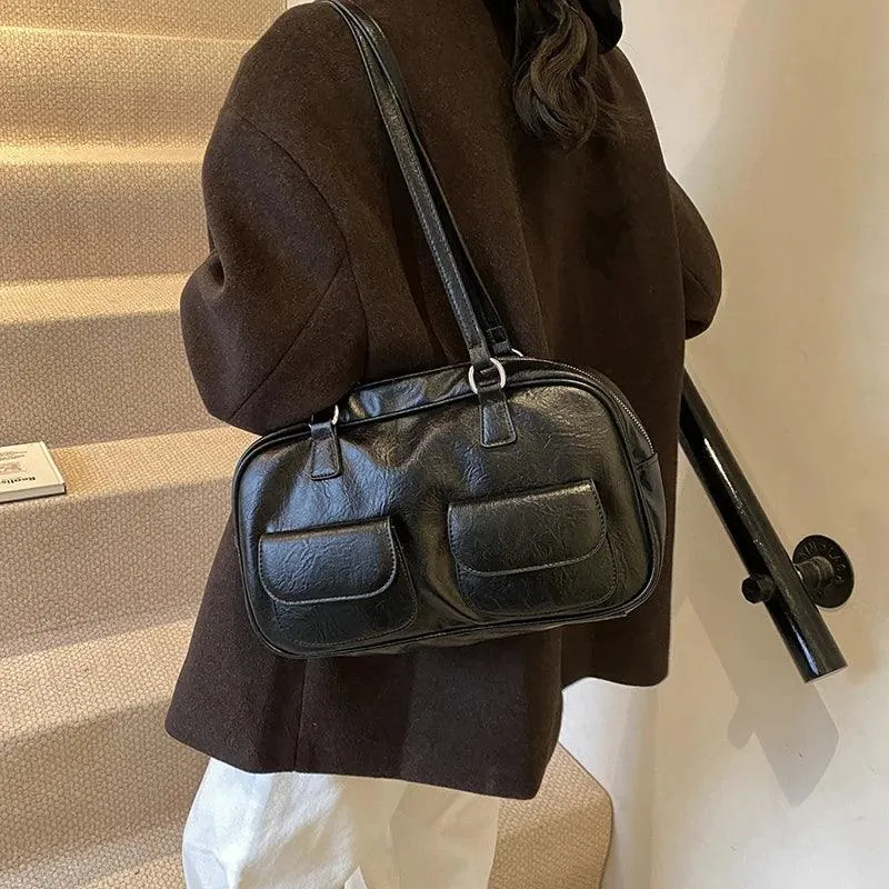 Large Shoulder Bags Zipper Women Leather Retro Flap Outer Pockets Soft Handbags
