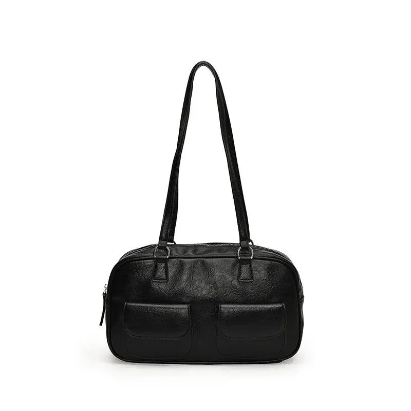 Large Shoulder Bags Zipper Women Leather Retro Flap Outer Pockets Soft Handbags