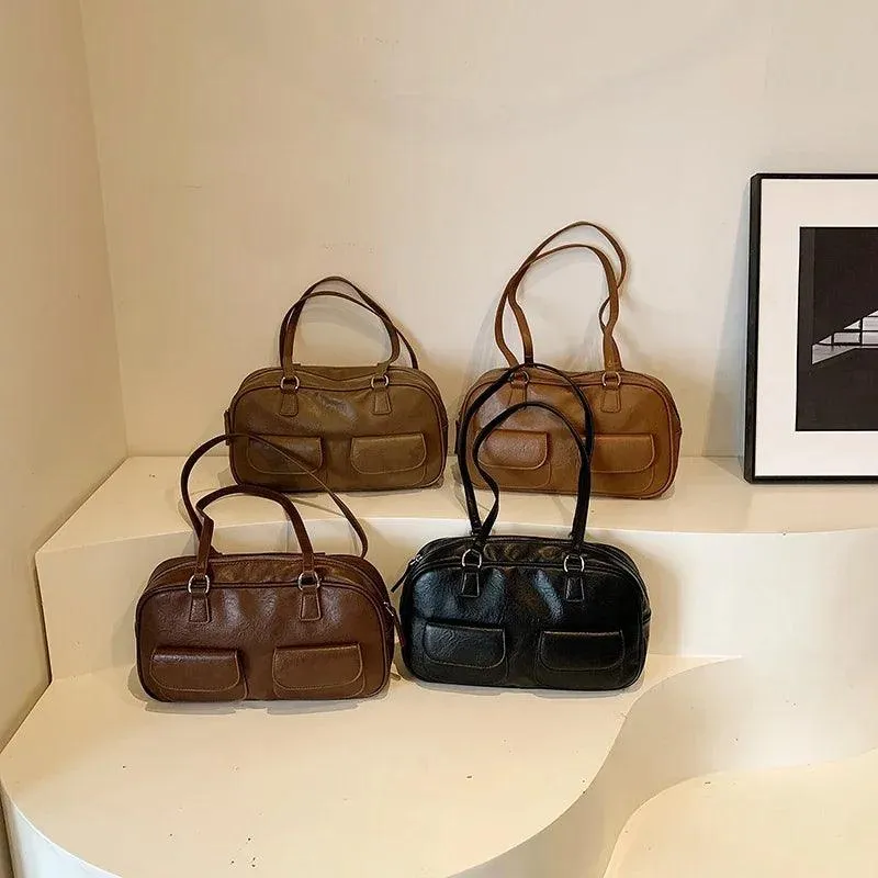 Large Shoulder Bags Zipper Women Leather Retro Flap Outer Pockets Soft Handbags