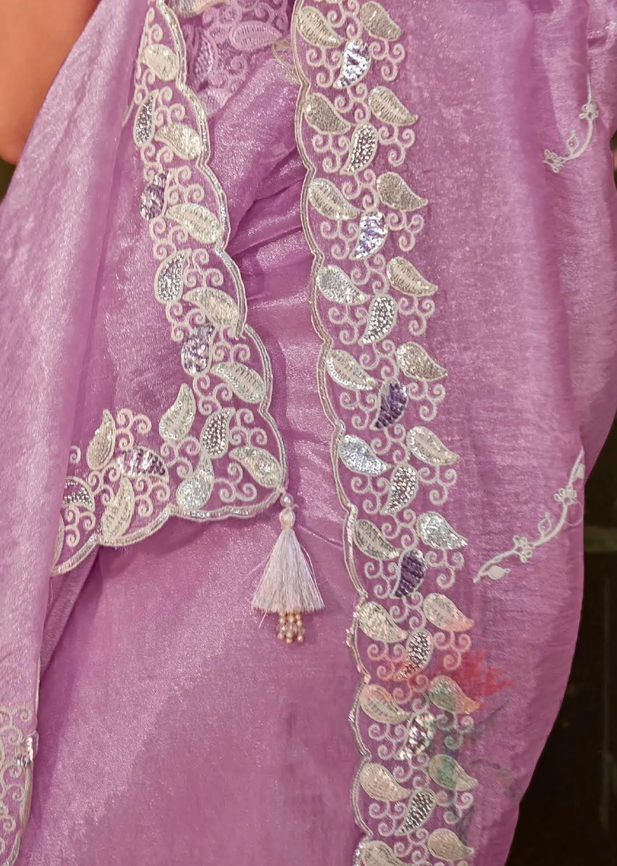 Lavender Glass Tissue Organza Saree with Embroidery and Sequin Work