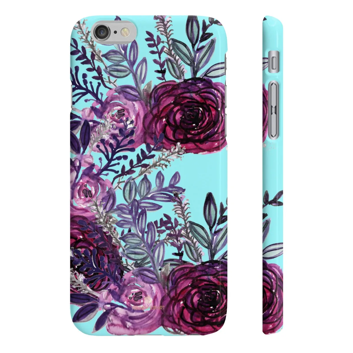 Light Blue Slim iPhone/ Samsung Galaxy Floral Purple Rose Phone Case, Made in UK