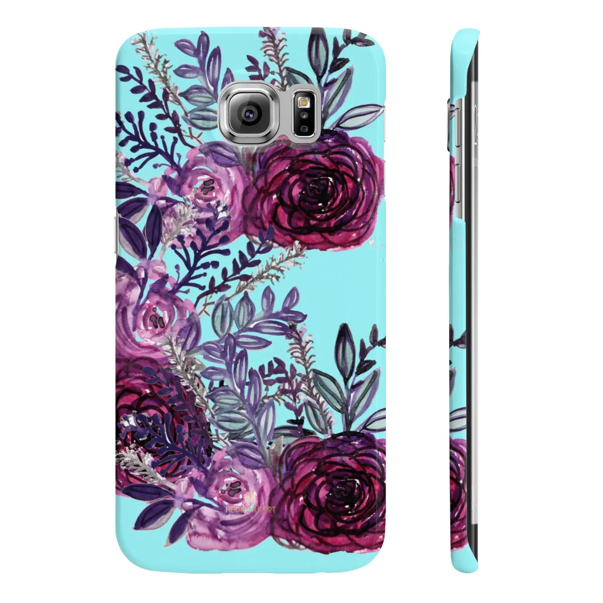 Light Blue Slim iPhone/ Samsung Galaxy Floral Purple Rose Phone Case, Made in UK