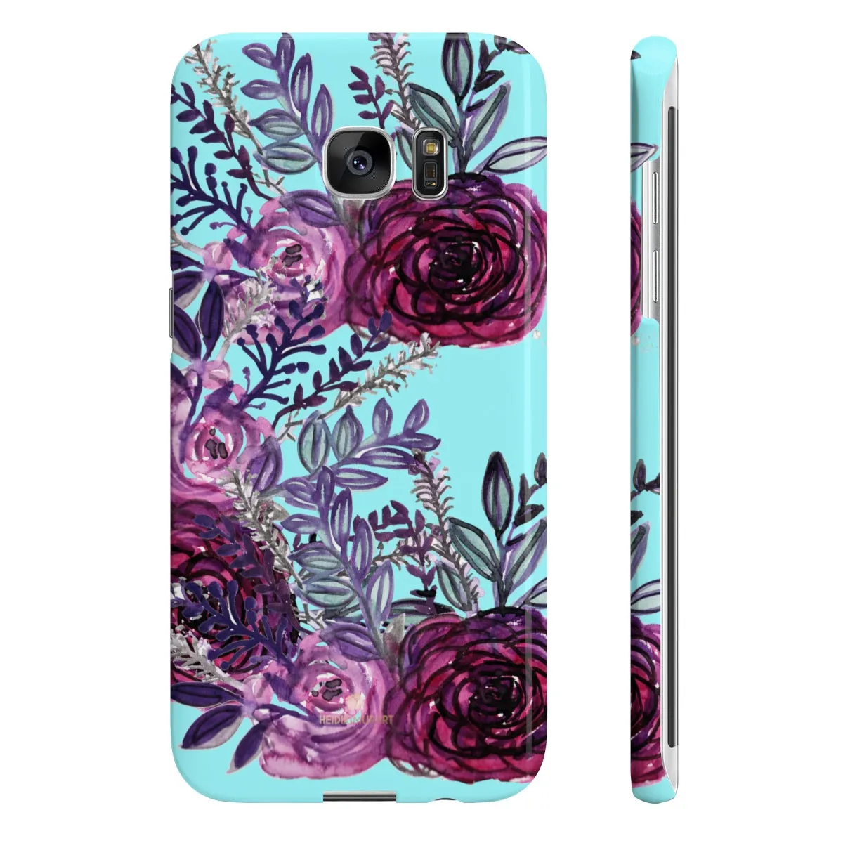 Light Blue Slim iPhone/ Samsung Galaxy Floral Purple Rose Phone Case, Made in UK
