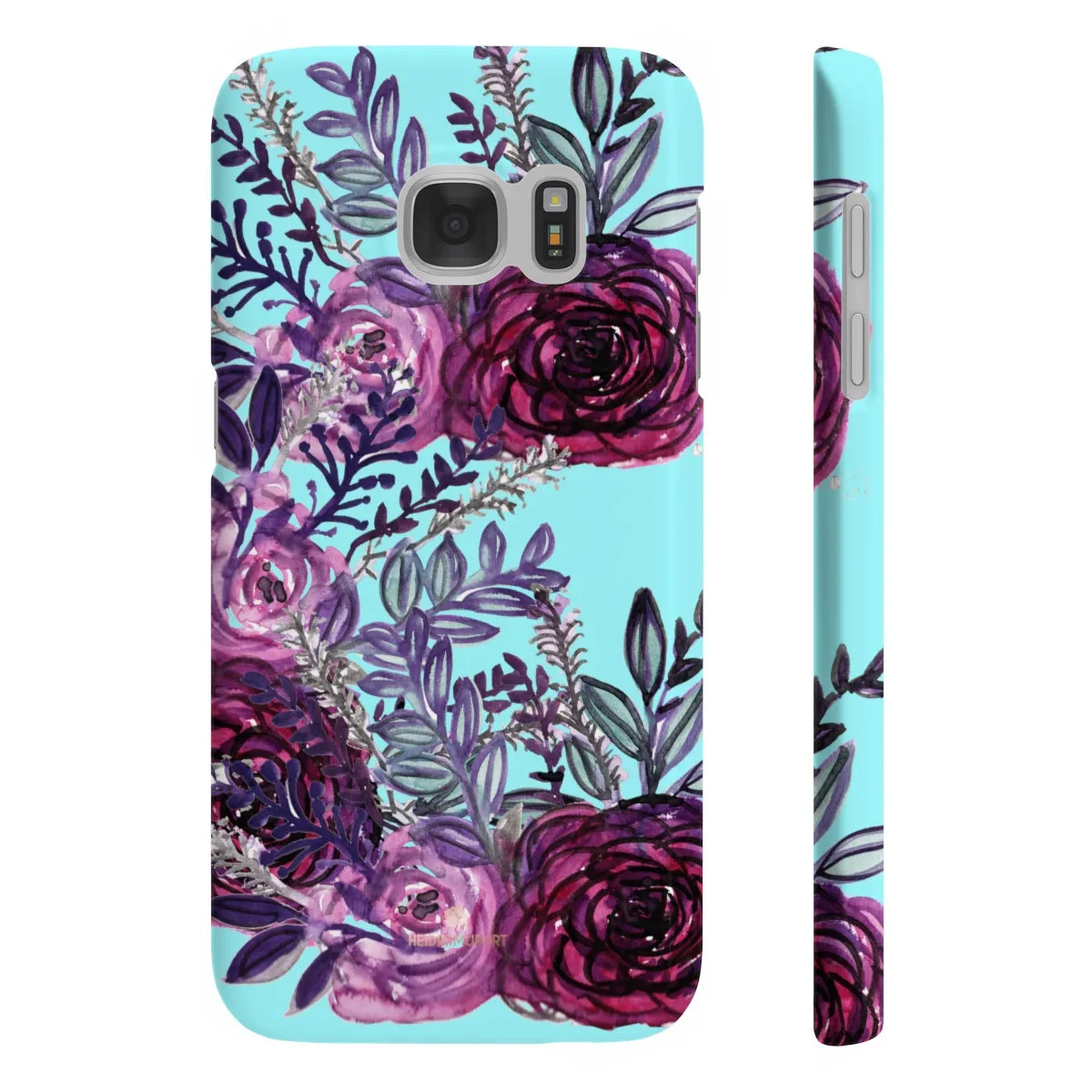 Light Blue Slim iPhone/ Samsung Galaxy Floral Purple Rose Phone Case, Made in UK