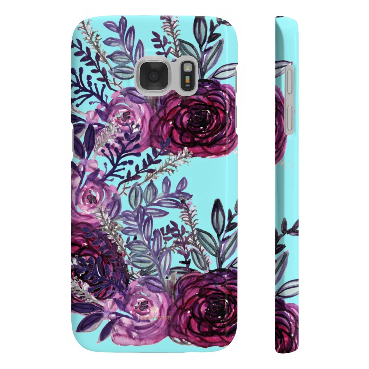 Light Blue Slim iPhone/ Samsung Galaxy Floral Purple Rose Phone Case, Made in UK