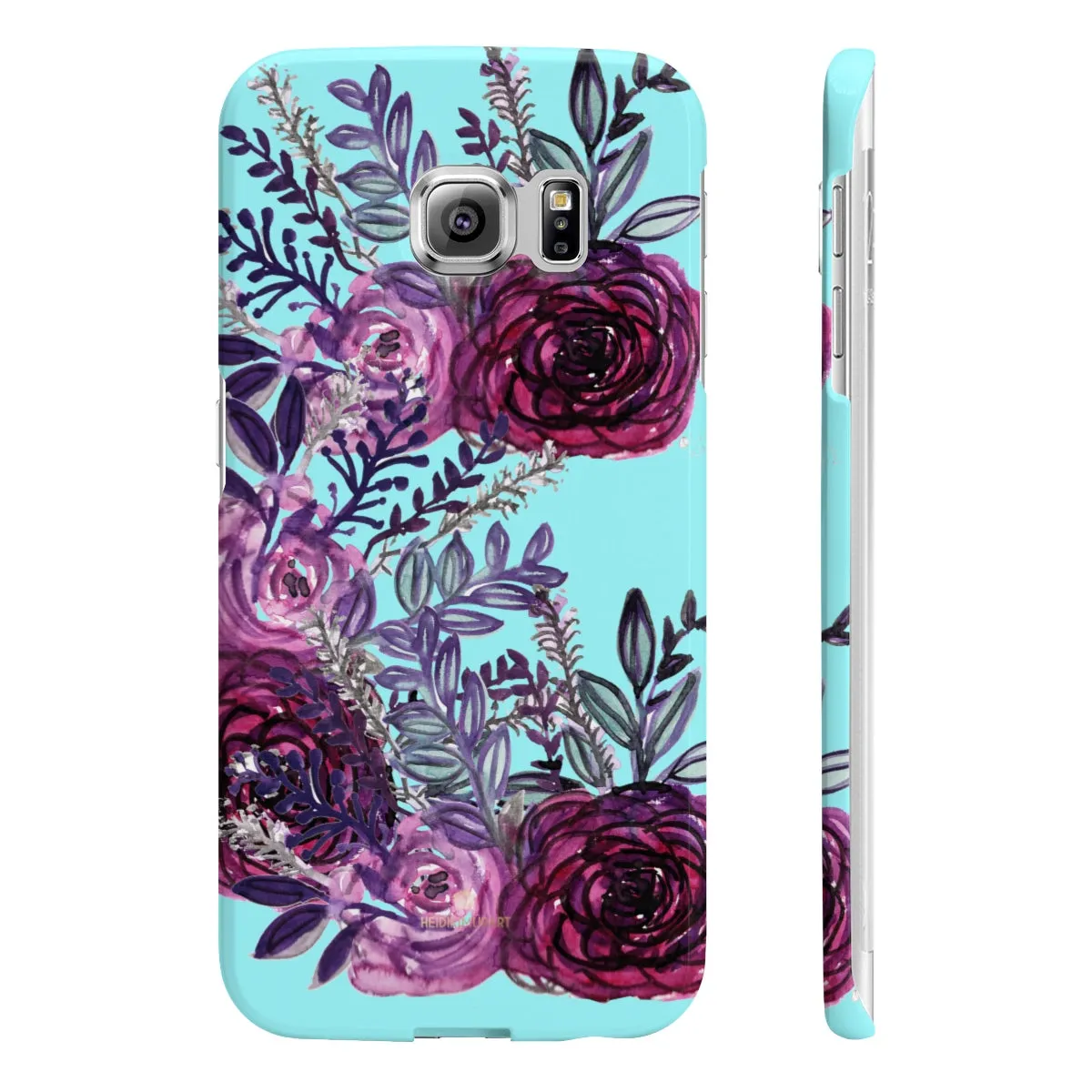 Light Blue Slim iPhone/ Samsung Galaxy Floral Purple Rose Phone Case, Made in UK