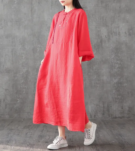 Long Sleeve Summer Spring Cotton Linen Women loose Dresses DZA2062