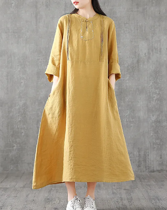 Long Sleeve Summer Spring Cotton Linen Women loose Dresses DZA2062