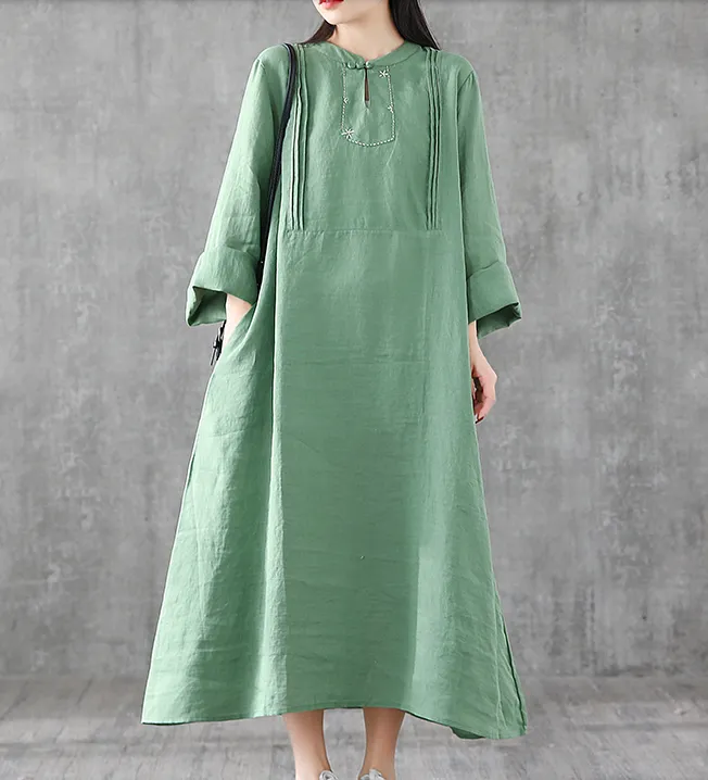 Long Sleeve Summer Spring Cotton Linen Women loose Dresses DZA2062