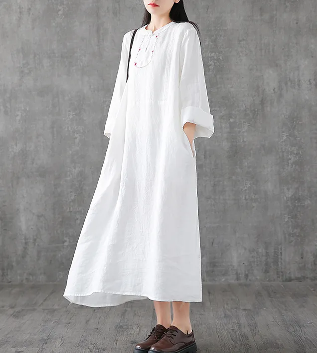 Long Sleeve Summer Spring Cotton Linen Women loose Dresses DZA2062