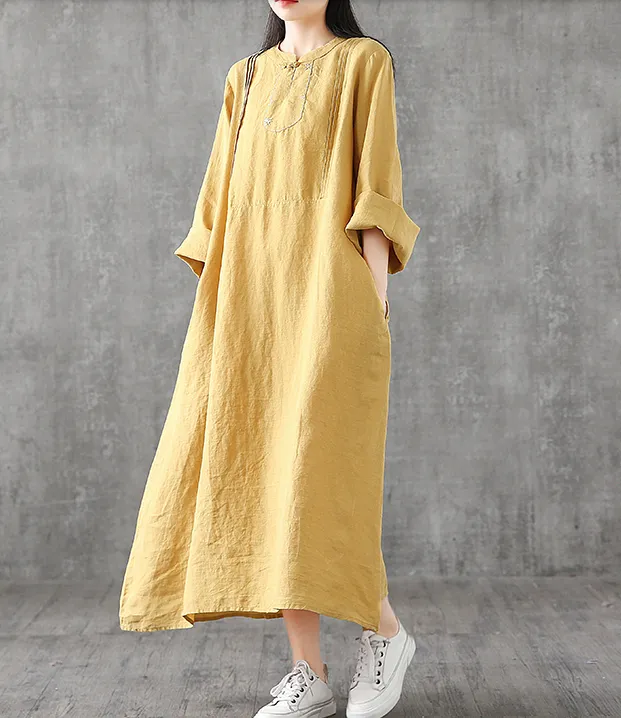 Long Sleeve Summer Spring Cotton Linen Women loose Dresses DZA2062