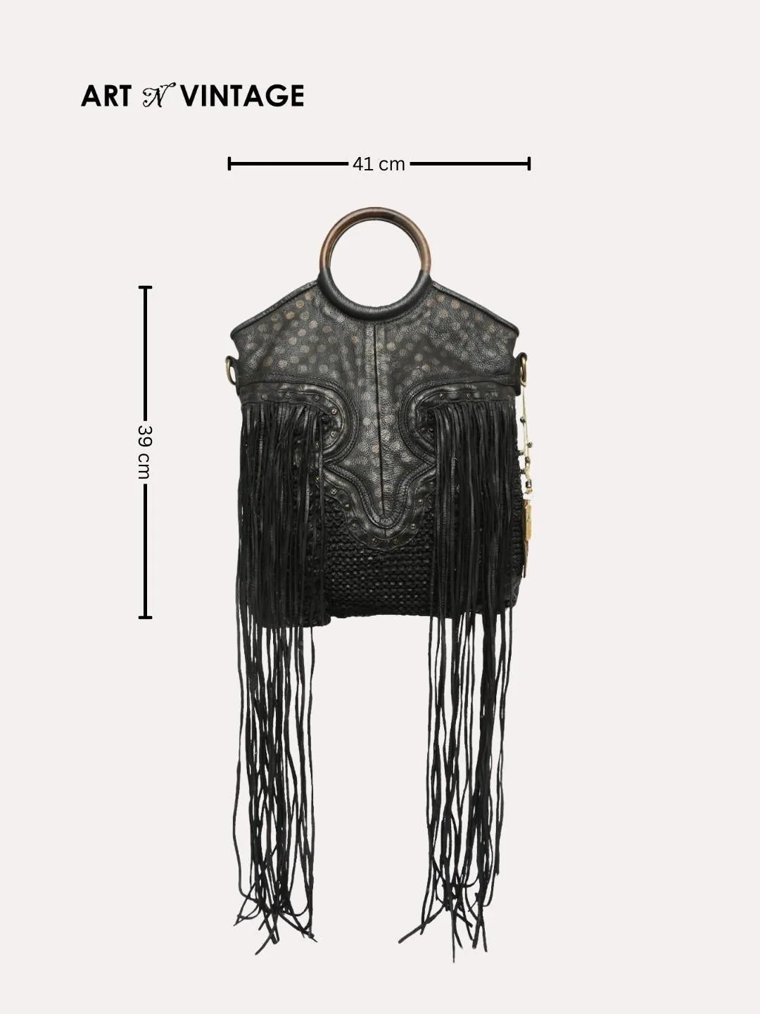 Martinka: Navy Blue Leather Shopper With Wooden Handle With Weaving, Fringes And Metallic Print