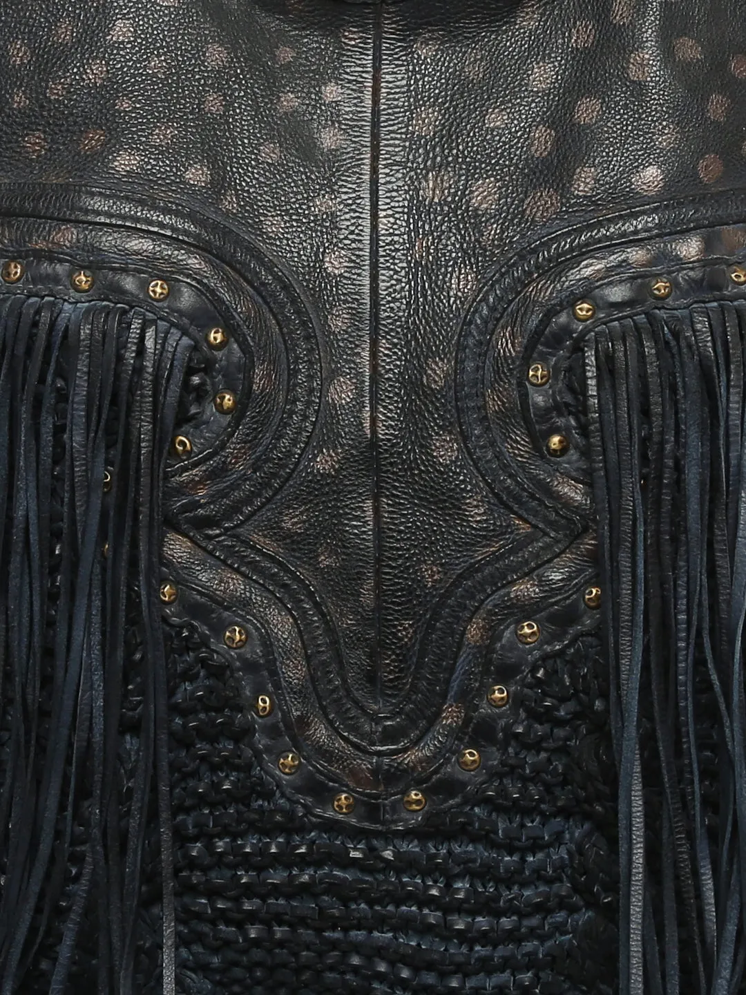 Martinka: Navy Blue Leather Shopper With Wooden Handle With Weaving, Fringes And Metallic Print
