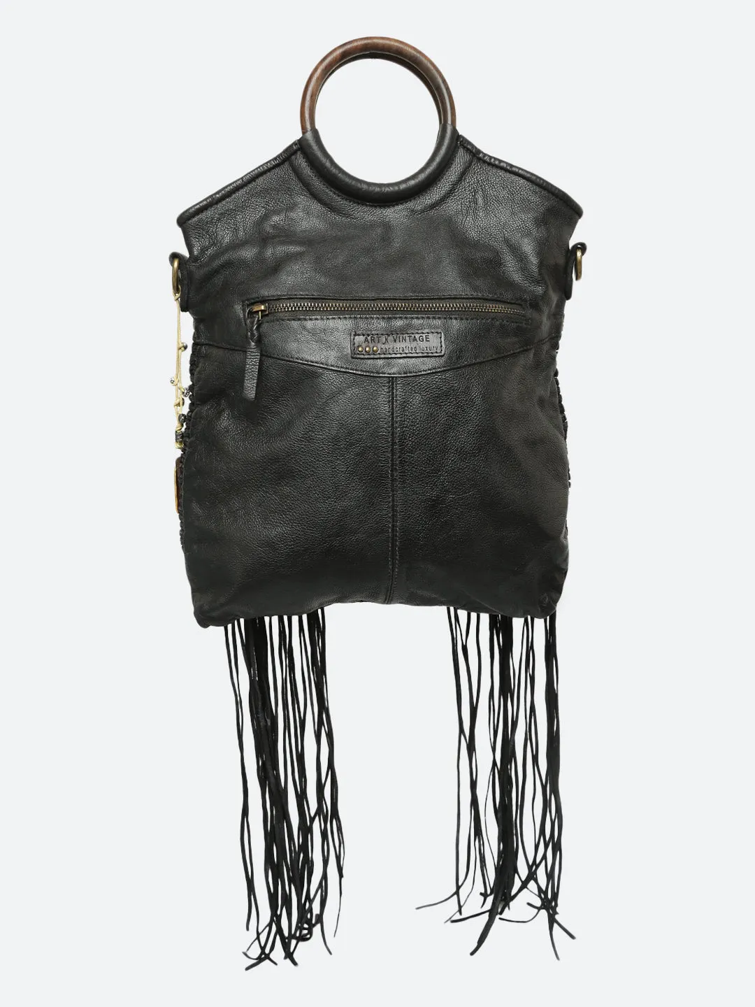 Martinka: Navy Blue Leather Shopper With Wooden Handle With Weaving, Fringes And Metallic Print
