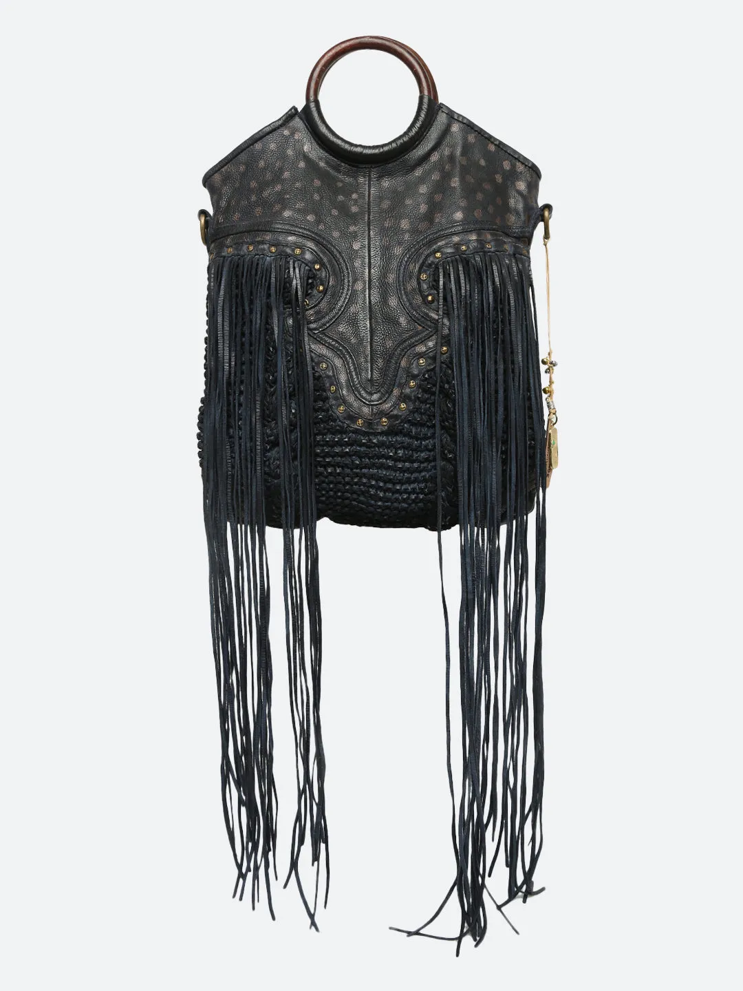 Martinka: Navy Blue Leather Shopper With Wooden Handle With Weaving, Fringes And Metallic Print