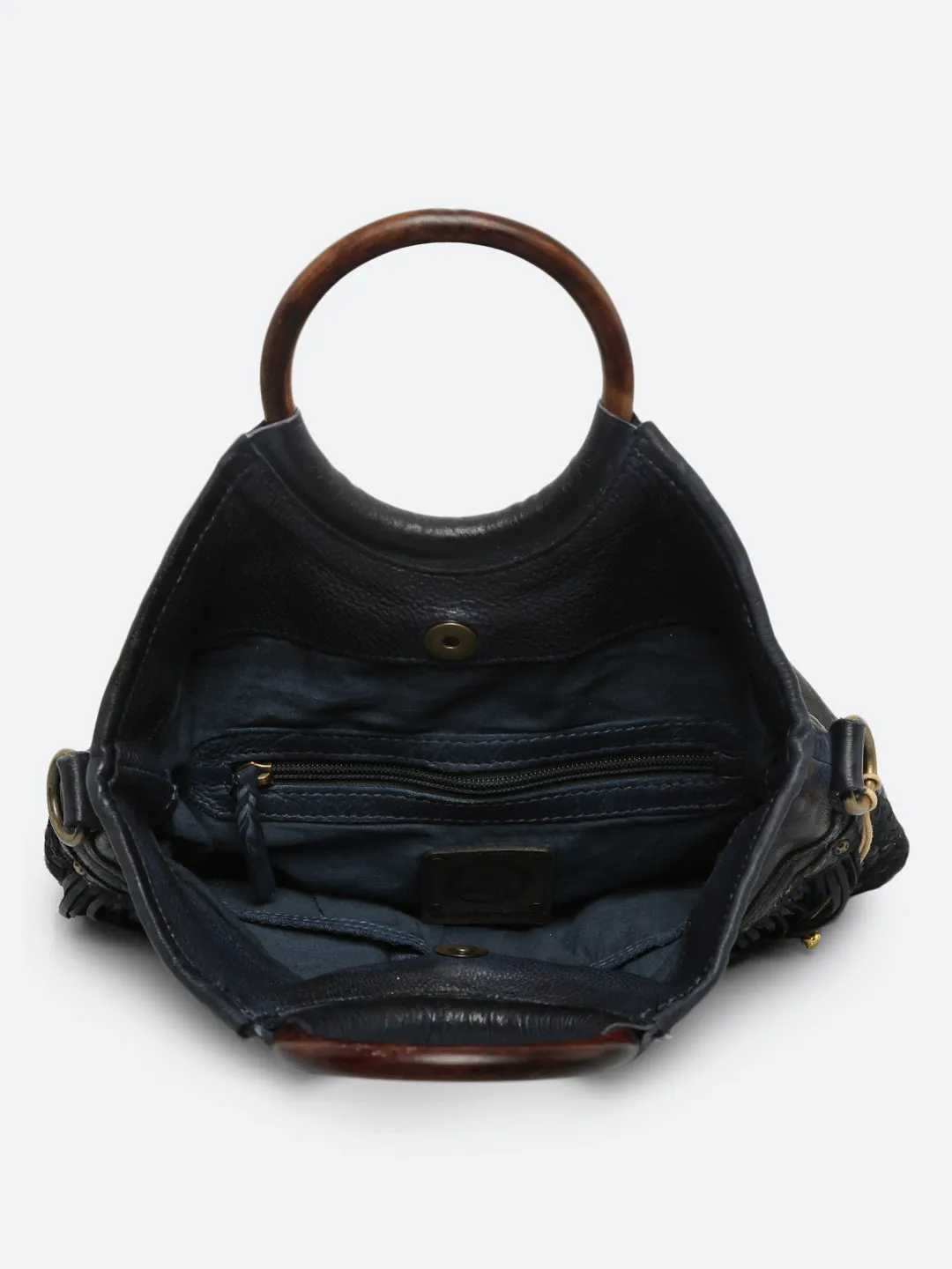 Martinka: Navy Blue Leather Shopper With Wooden Handle With Weaving, Fringes And Metallic Print
