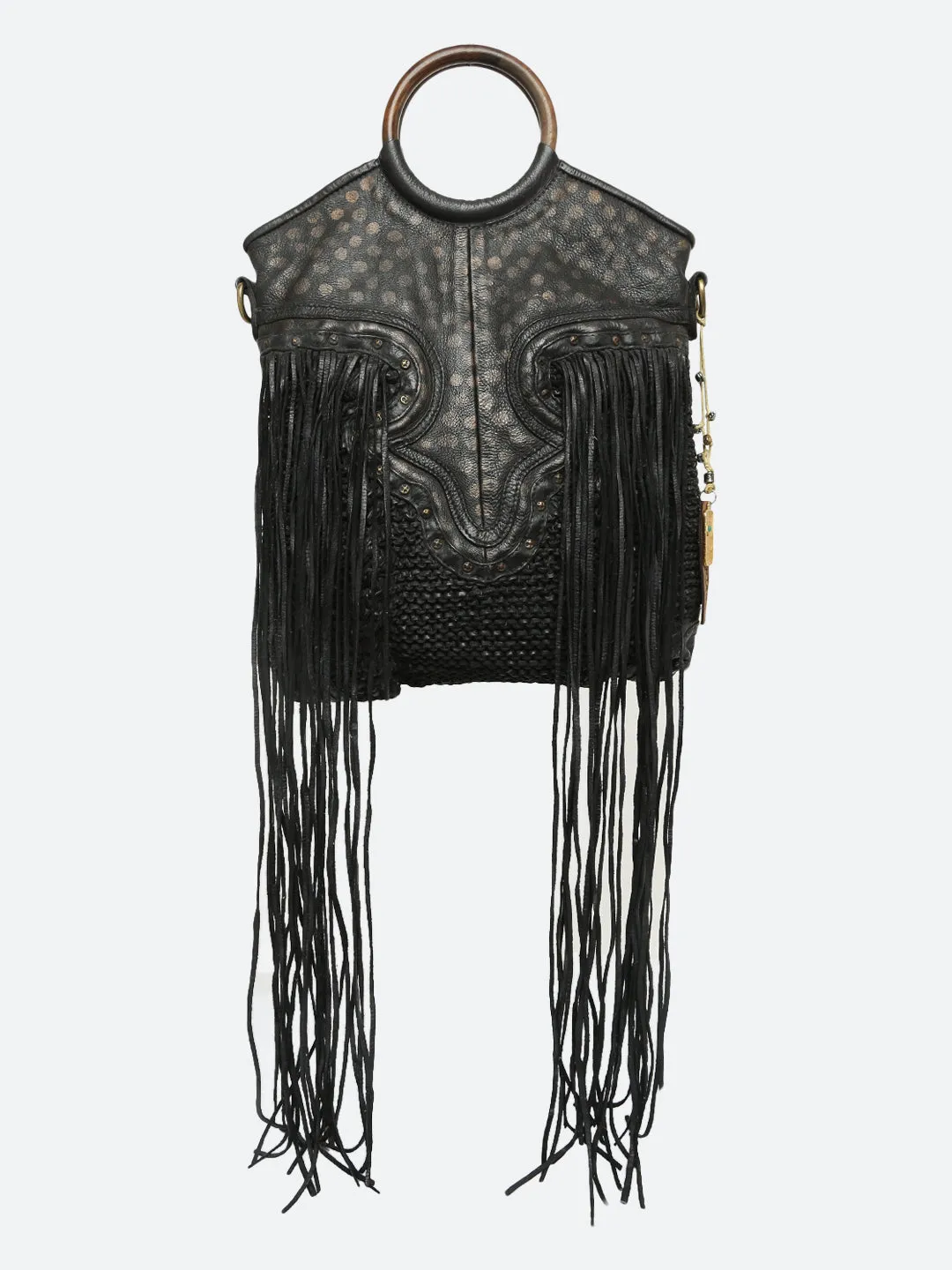 Martinka: Navy Blue Leather Shopper With Wooden Handle With Weaving, Fringes And Metallic Print