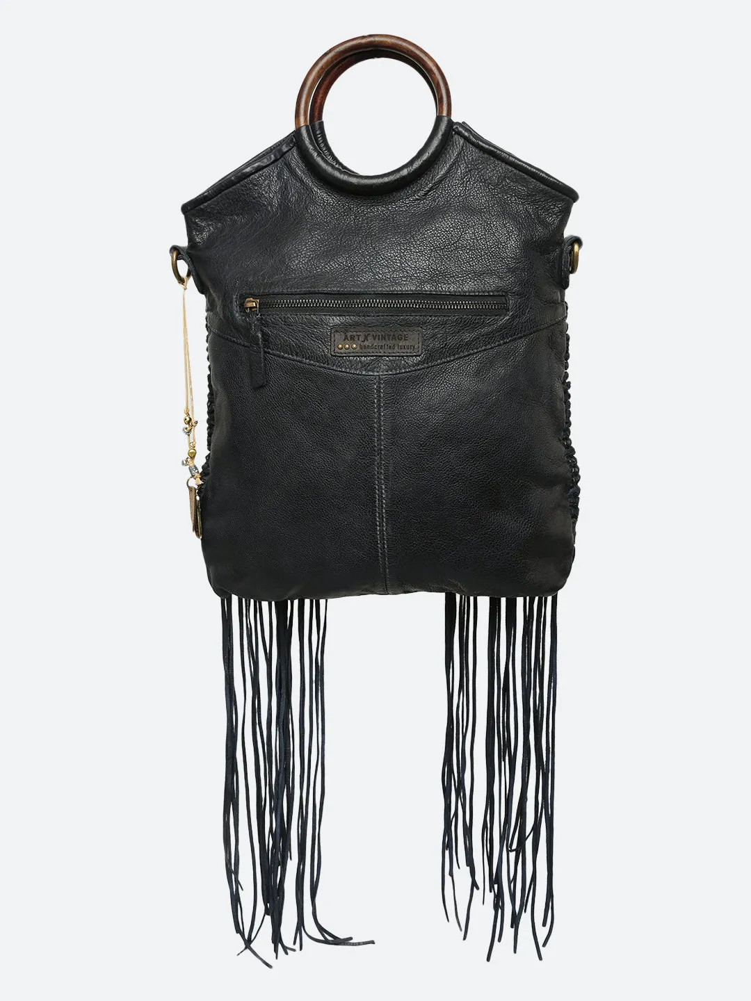 Martinka: Navy Blue Leather Shopper With Wooden Handle With Weaving, Fringes And Metallic Print