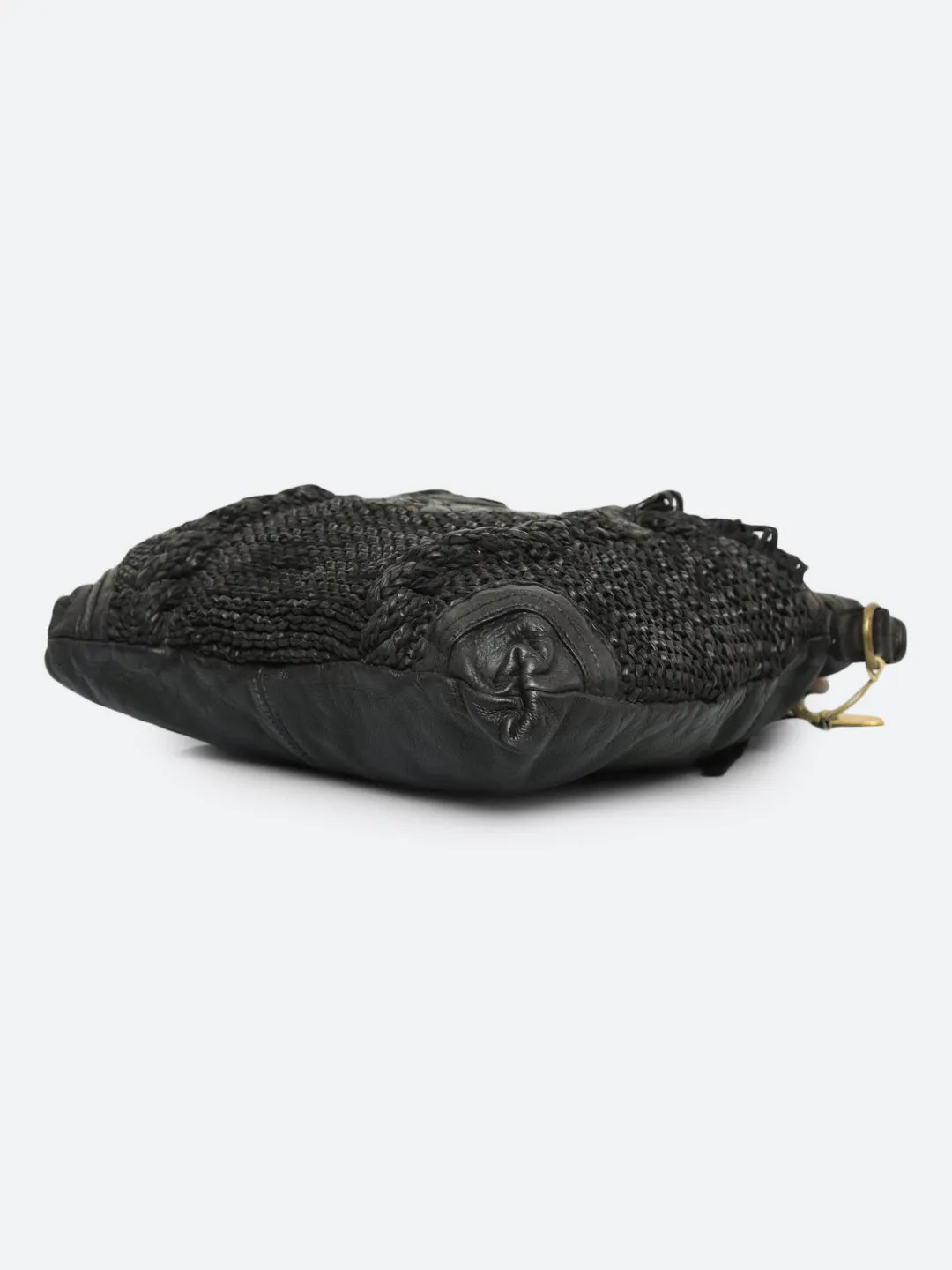 Martinka: Navy Blue Leather Shopper With Wooden Handle With Weaving, Fringes And Metallic Print