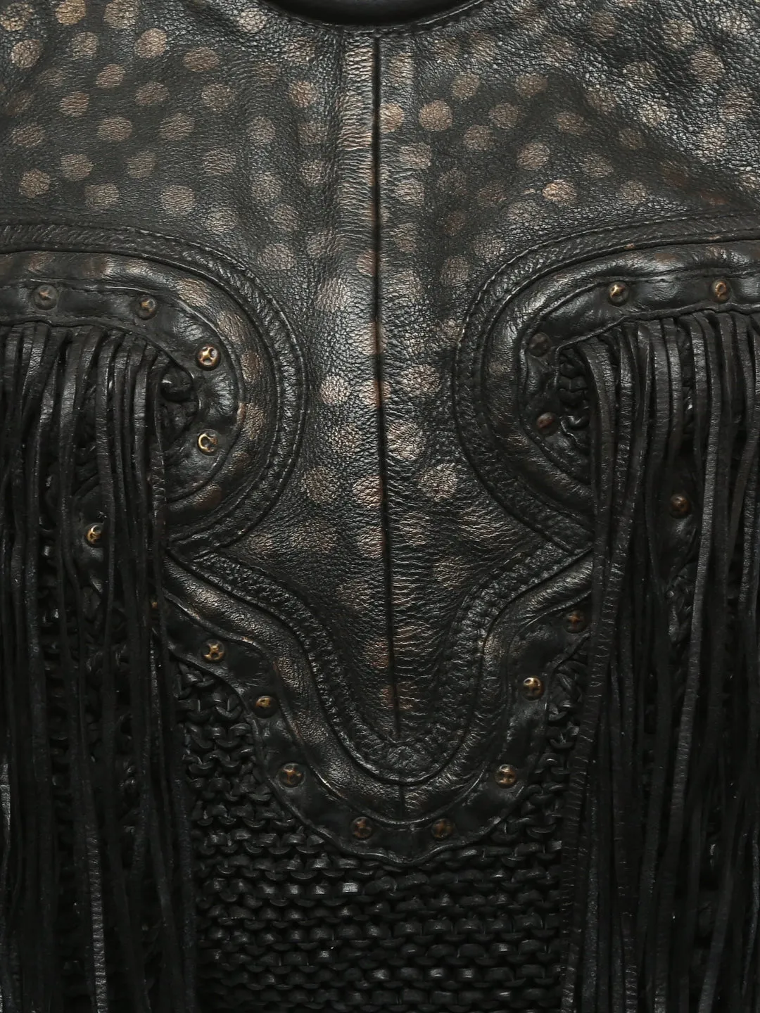 Martinka: Navy Blue Leather Shopper With Wooden Handle With Weaving, Fringes And Metallic Print