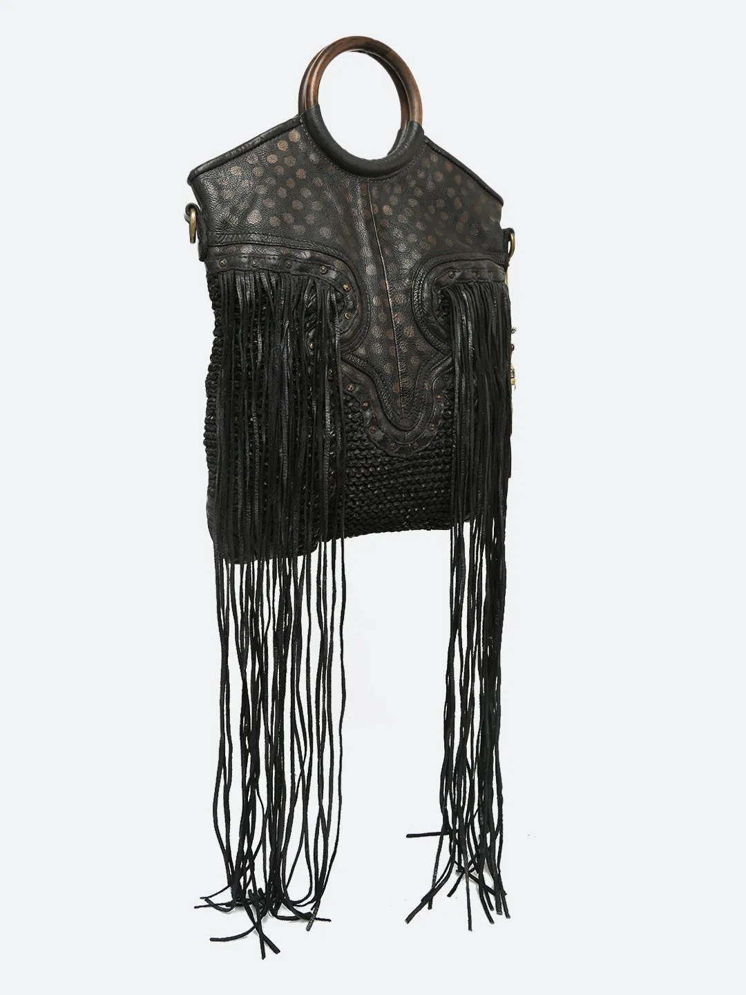 Martinka: Navy Blue Leather Shopper With Wooden Handle With Weaving, Fringes And Metallic Print