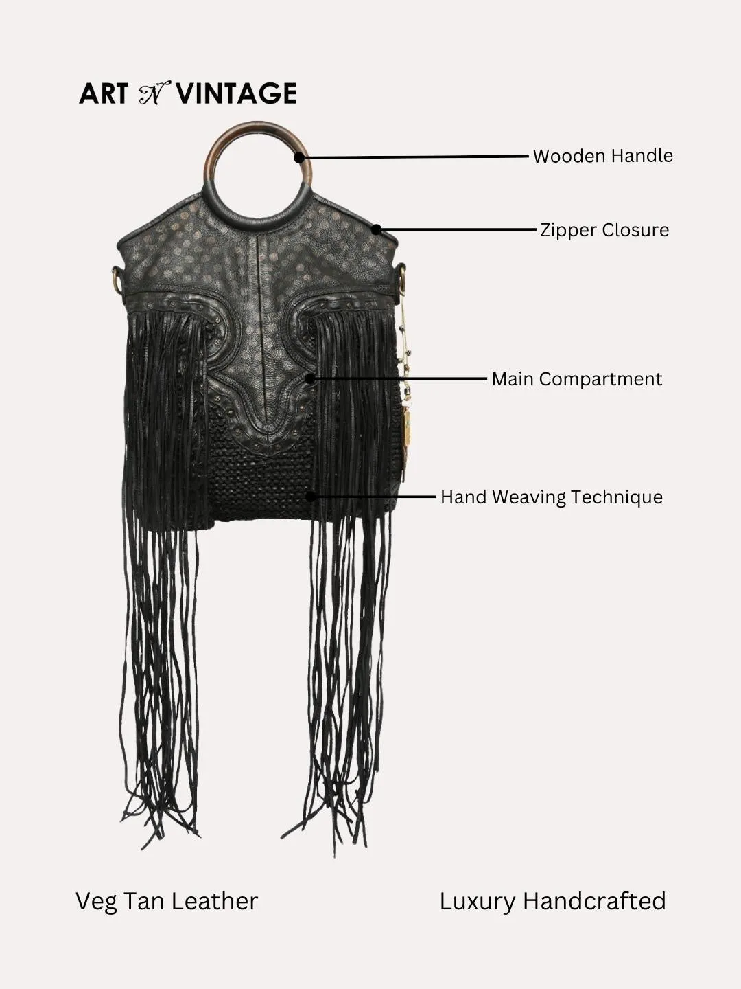 Martinka: Navy Blue Leather Shopper With Wooden Handle With Weaving, Fringes And Metallic Print