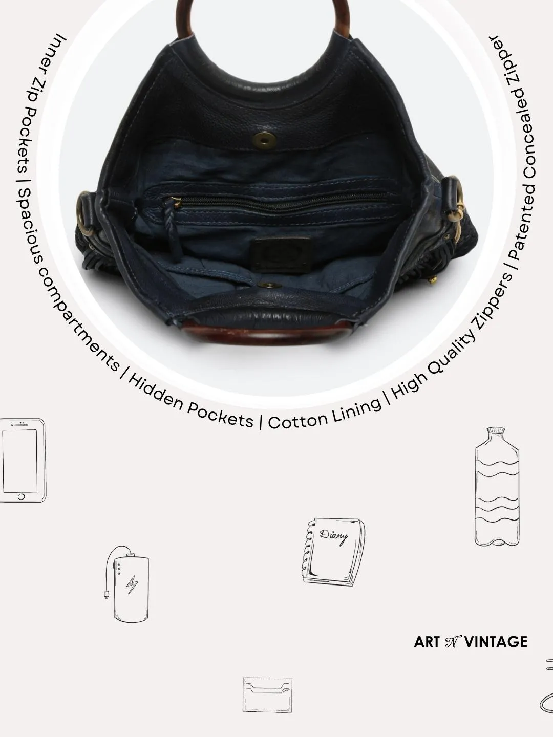 Martinka: Navy Blue Leather Shopper With Wooden Handle With Weaving, Fringes And Metallic Print