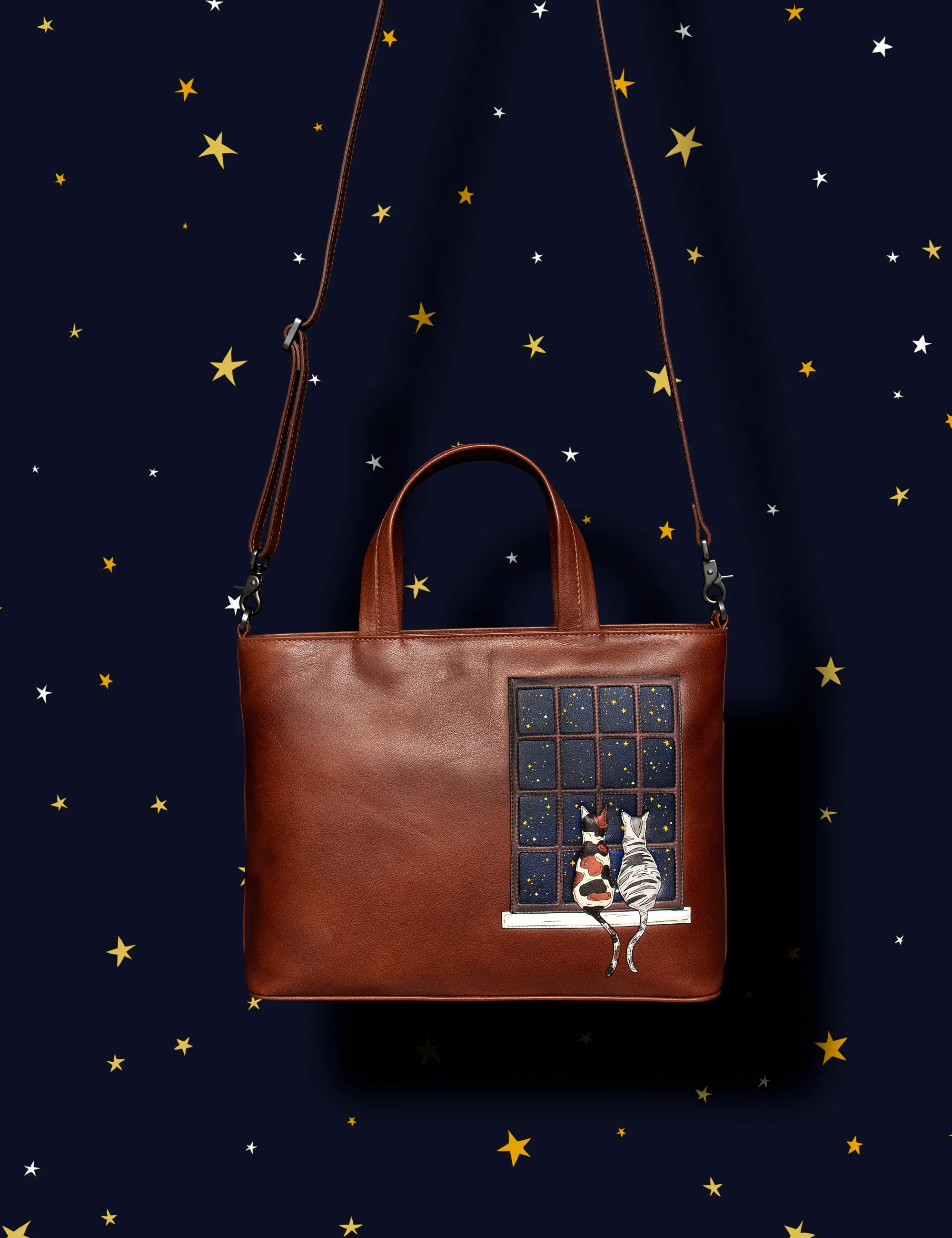 Midnight Cats Brown Leather Multiway Grab Bag