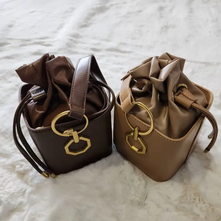 Mini Box Bucket Bags Women Pu Leather Drawstring Top Adjustable Handle Square