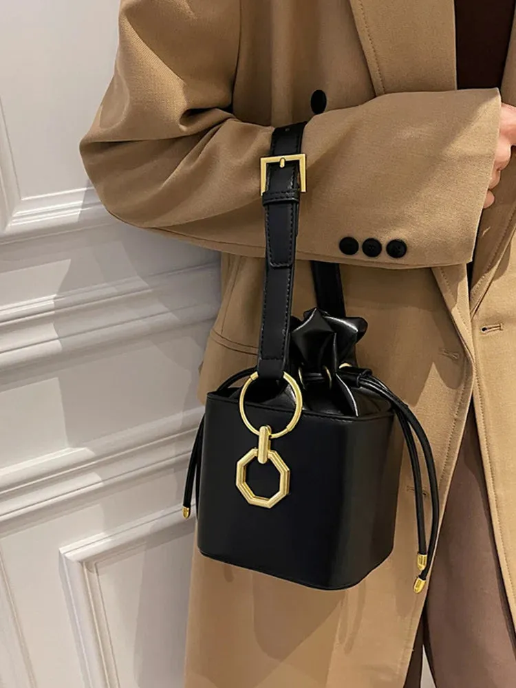Mini Box Bucket Bags Women Pu Leather Drawstring Top Adjustable Handle Square