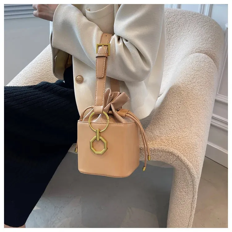 Mini Box Bucket Bags Women Pu Leather Drawstring Top Adjustable Handle Square
