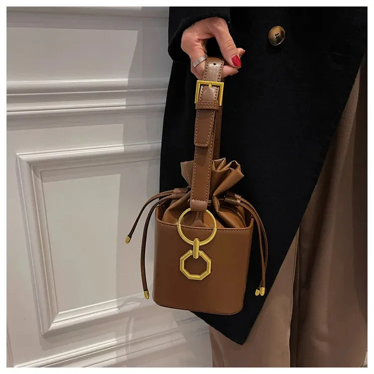 Mini Box Bucket Bags Women Pu Leather Drawstring Top Adjustable Handle Square