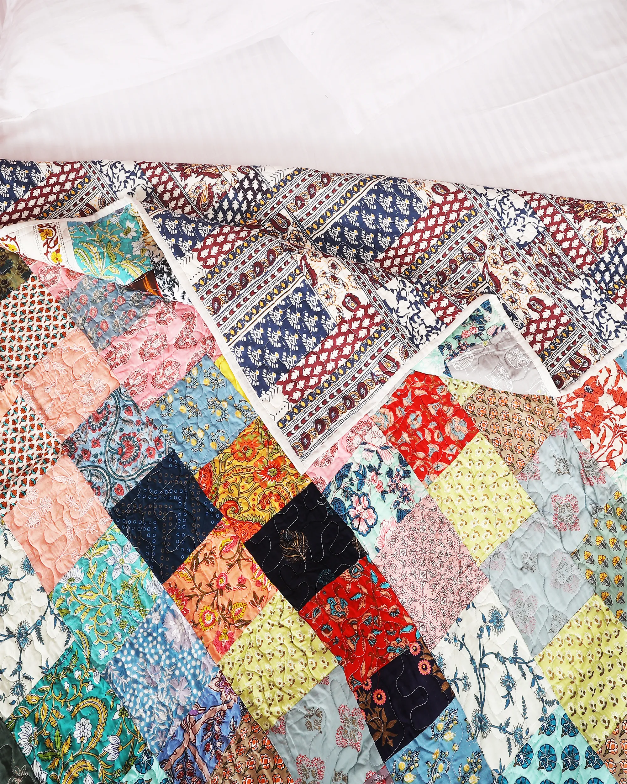 Patchwork Handblocked Printed Hand Kantha Double Bed Dohar/Bed Cover