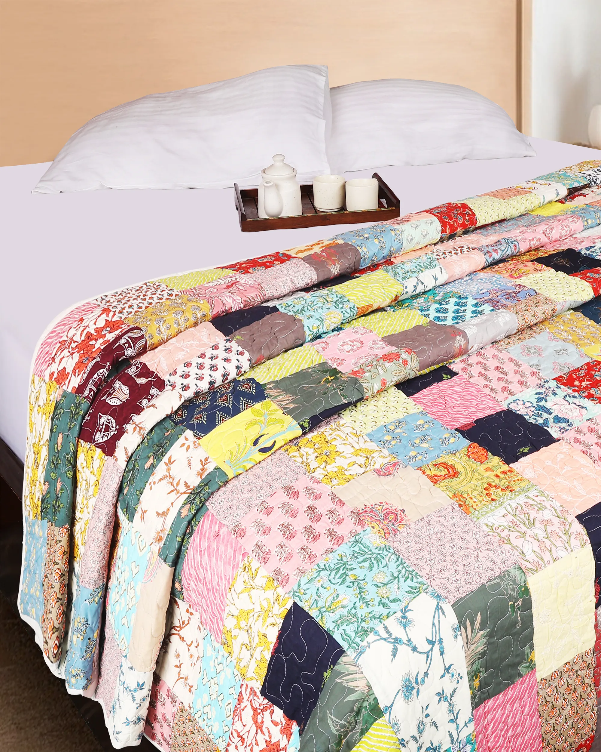 Patchwork Handblocked Printed Hand Kantha Double Bed Dohar/Bed Cover
