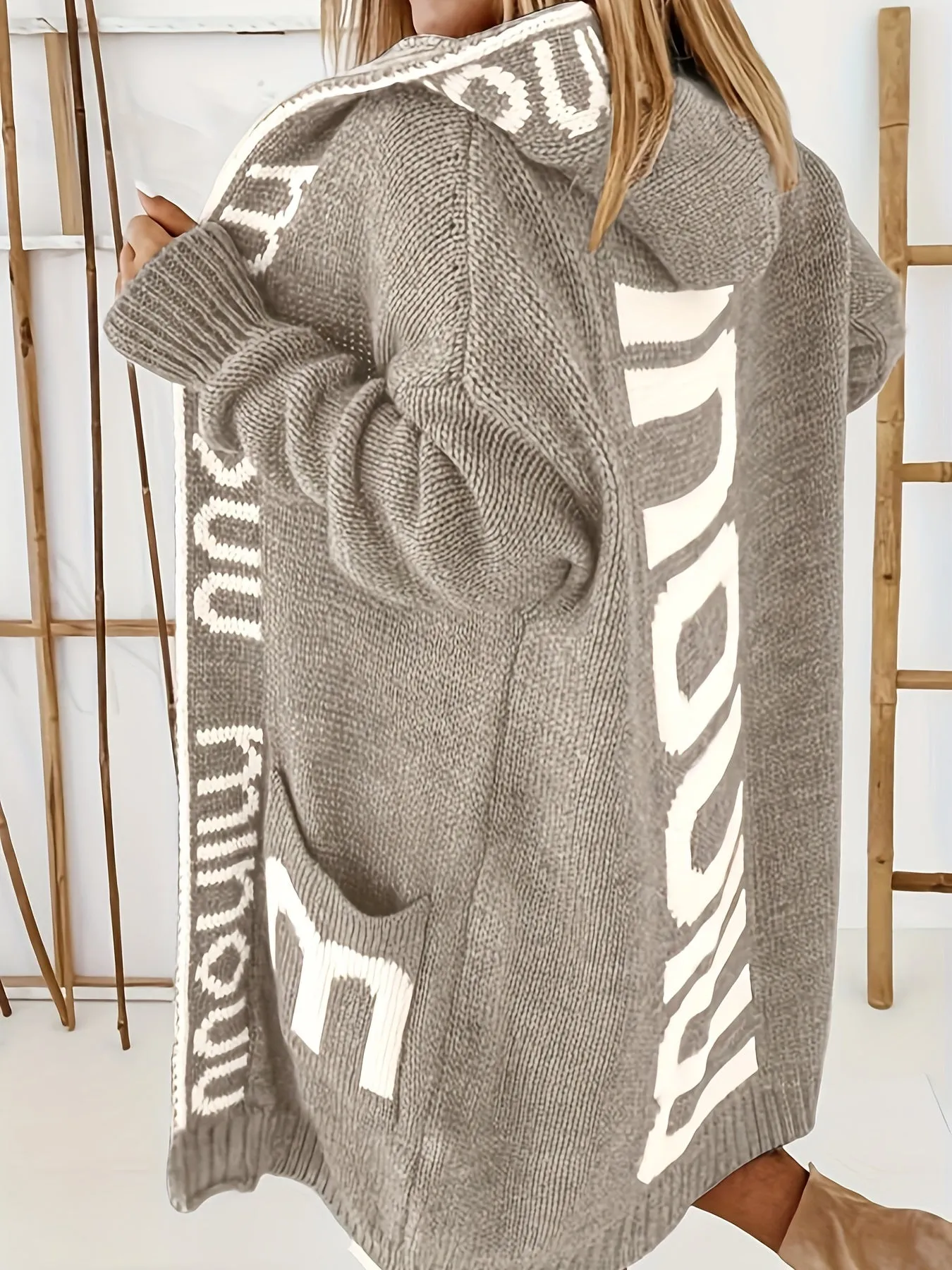 Premium Women's Knitted Cardigan with Waterfall Collar - Trendy Letter Print