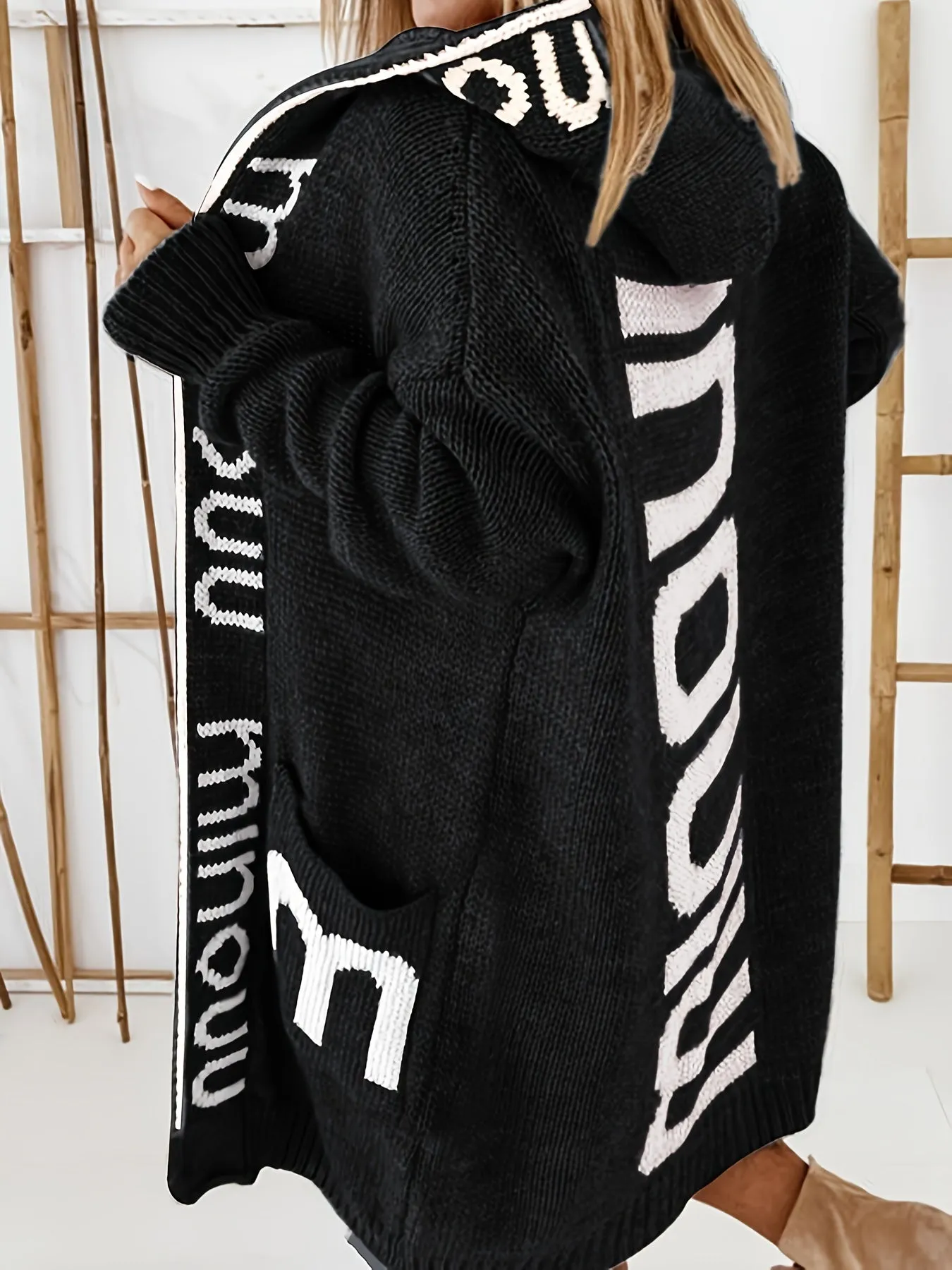 Premium Women's Knitted Cardigan with Waterfall Collar - Trendy Letter Print