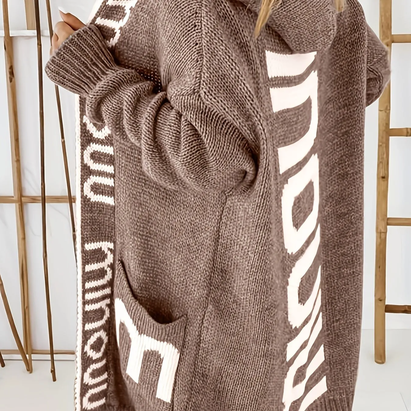 Premium Women's Knitted Cardigan with Waterfall Collar - Trendy Letter Print