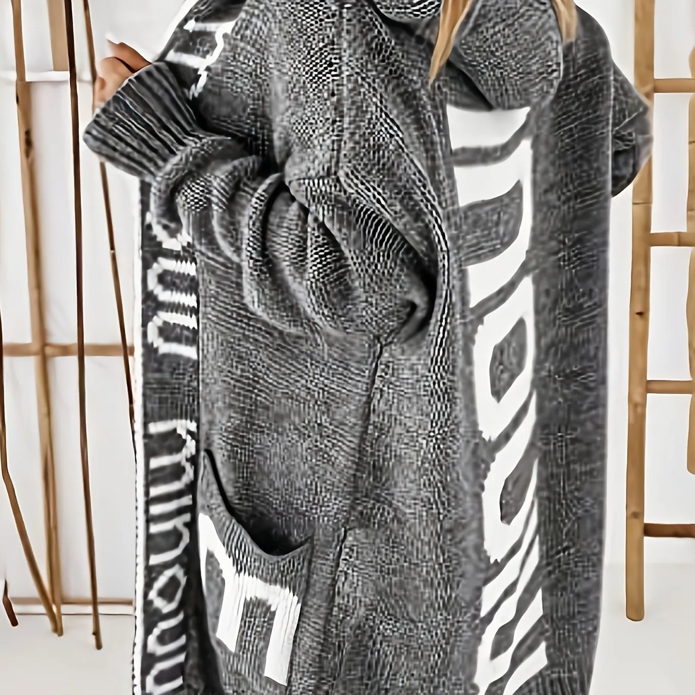 Premium Women's Knitted Cardigan with Waterfall Collar - Trendy Letter Print