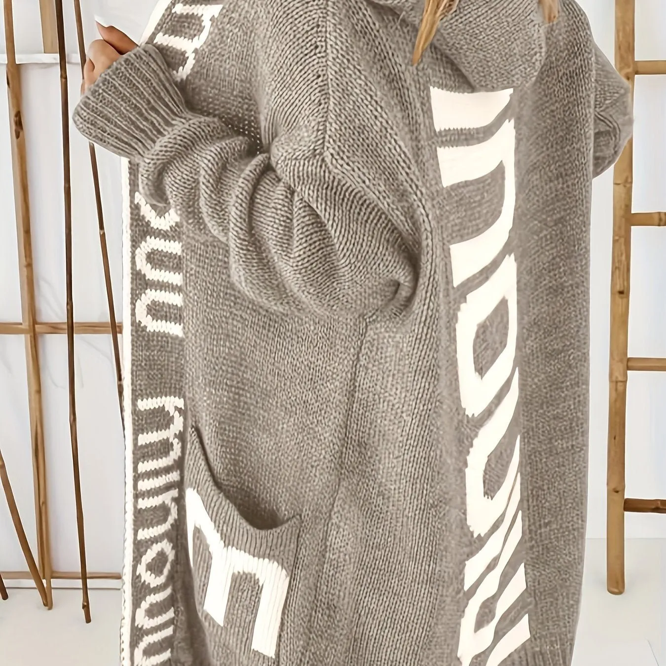 Premium Women's Knitted Cardigan with Waterfall Collar - Trendy Letter Print
