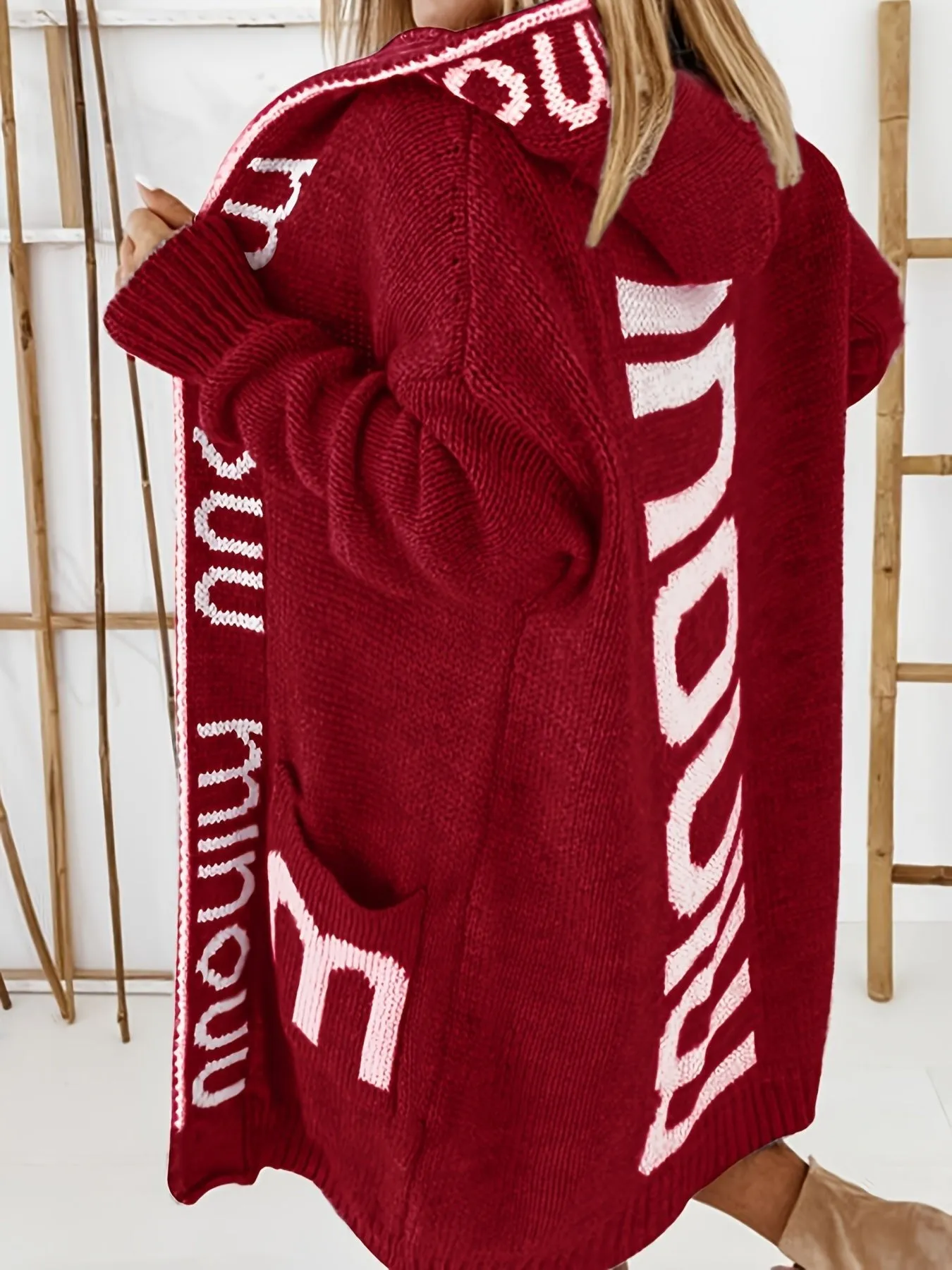 Premium Women's Knitted Cardigan with Waterfall Collar - Trendy Letter Print