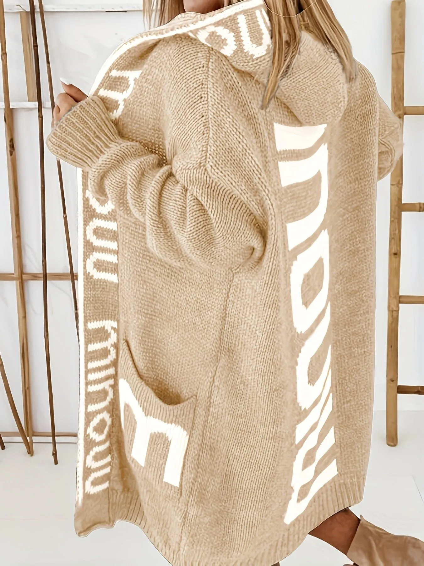 Premium Women's Knitted Cardigan with Waterfall Collar - Trendy Letter Print